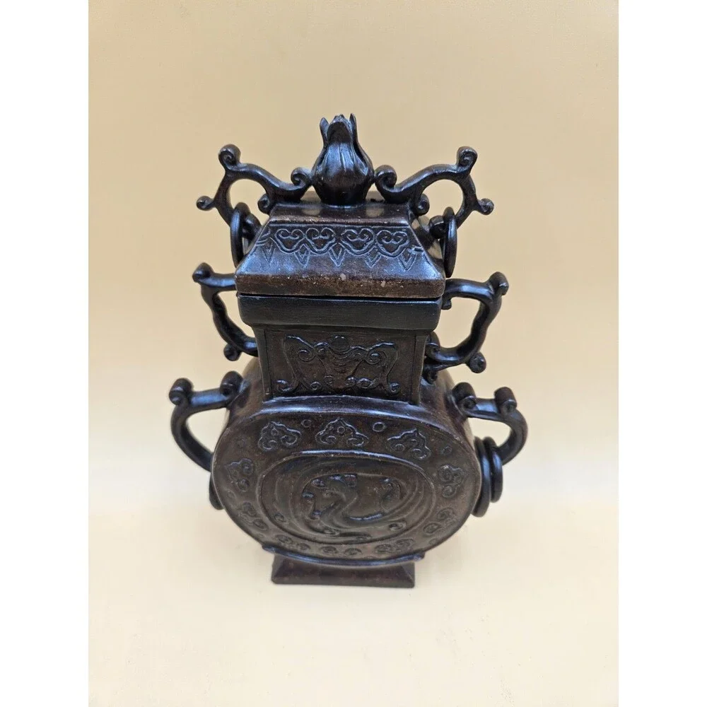 Hand Carved Chinese Jade Imperial Vase Incense Holder Floral Motif Lid Rings
